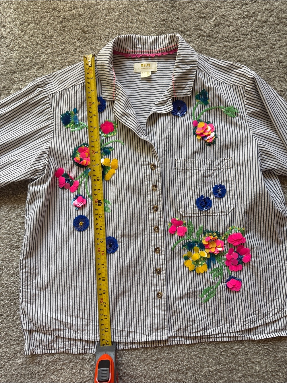 Anthropologie Maeve Floral Sequin Top with Pink TrimBoho Chic Trendy Style Size - Picture 6 of 9